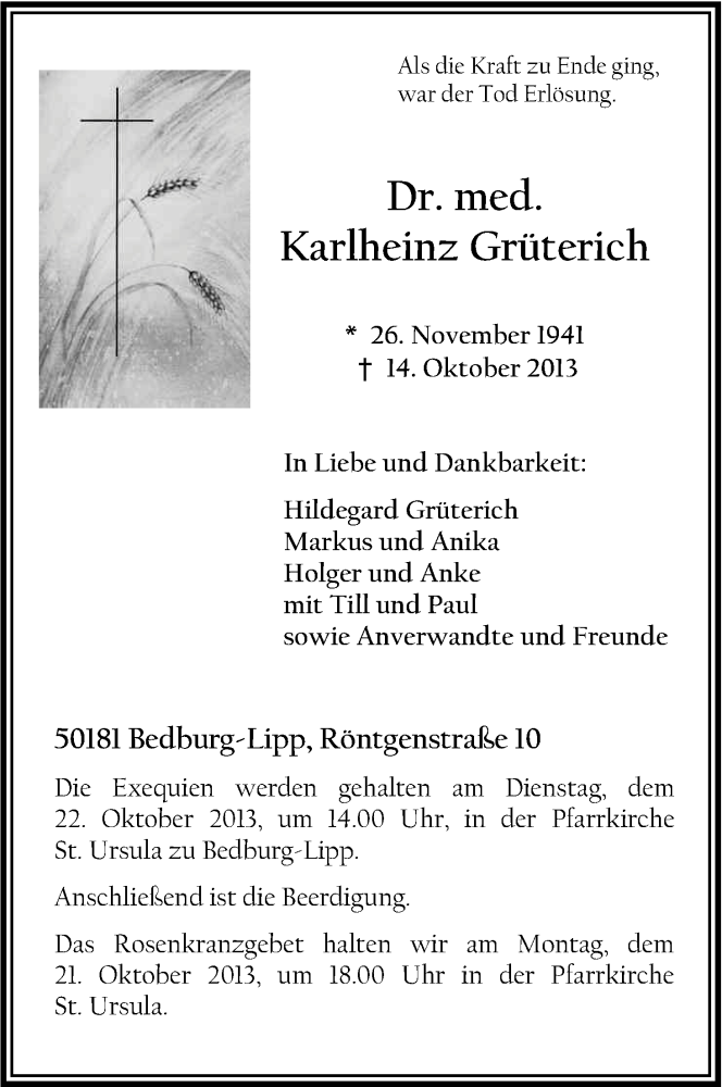  Traueranzeige für Karlheinz Grüterich vom 18.10.2013 aus Kölner Stadt-Anzeiger / Kölnische Rundschau / Express