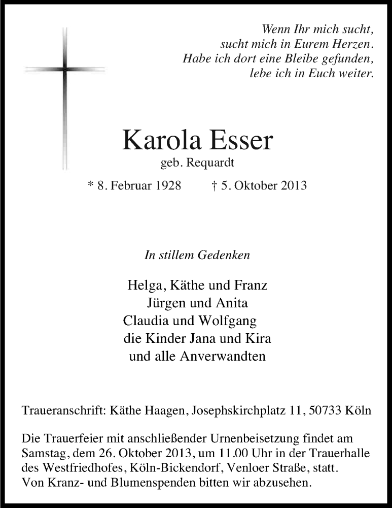  Traueranzeige für Karola Eßer vom 19.10.2013 aus Kölner Stadt-Anzeiger / Kölnische Rundschau / Express