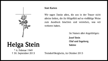 Anzeige von Helga Stein von Kölner Stadt-Anzeiger / Kölnische Rundschau / Express