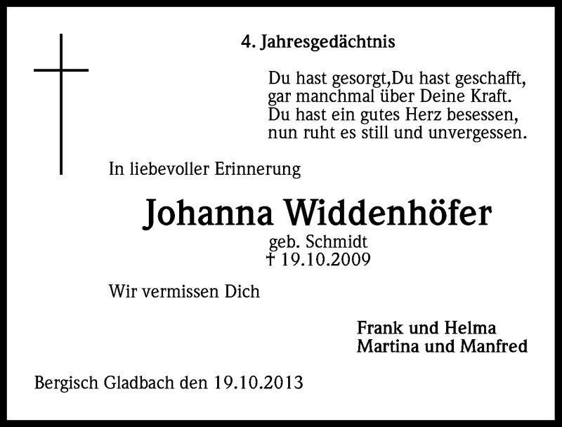  Traueranzeige für Johanna Widdenhöfer vom 19.10.2013 aus Kölner Stadt-Anzeiger / Kölnische Rundschau / Express