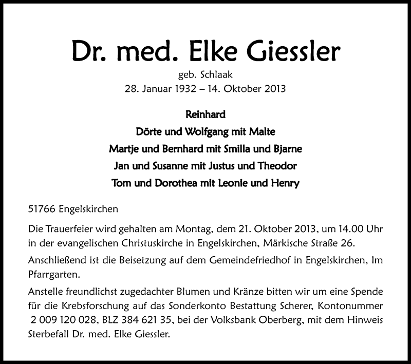 Traueranzeige für Elke Giessler vom 17.10.2013 aus Kölner Stadt-Anzeiger / Kölnische Rundschau / Express