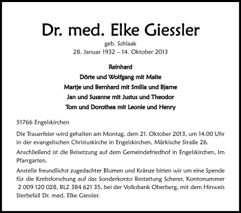 Anzeige von Elke Giessler von Kölner Stadt-Anzeiger / Kölnische Rundschau / Express
