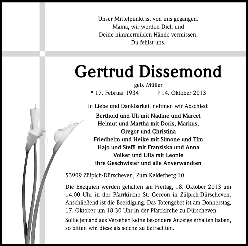  Traueranzeige für Gertrud Dissemond vom 17.10.2013 aus Kölner Stadt-Anzeiger / Kölnische Rundschau / Express