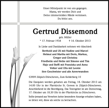 Anzeige von Gertrud Dissemond von Kölner Stadt-Anzeiger / Kölnische Rundschau / Express