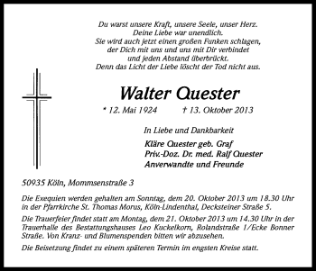 Anzeige von Walter Quester von Kölner Stadt-Anzeiger / Kölnische Rundschau / Express