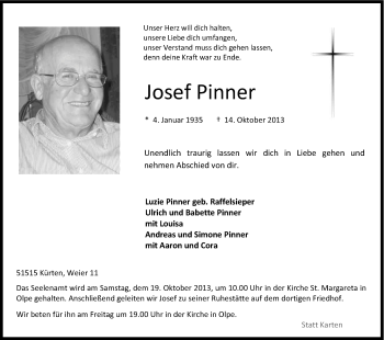 Anzeige von Josef Pinner von Kölner Stadt-Anzeiger / Kölnische Rundschau / Express