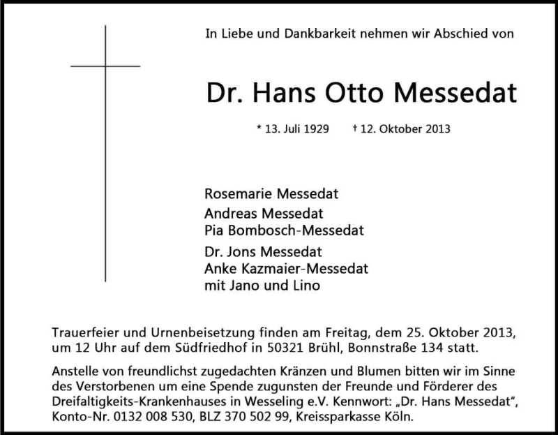  Traueranzeige für Hans Otto Messedat vom 19.10.2013 aus Kölner Stadt-Anzeiger / Kölnische Rundschau / Express