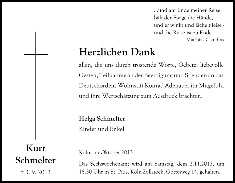  Traueranzeige für Kurt Schmelter vom 19.10.2013 aus Kölner Stadt-Anzeiger / Kölnische Rundschau / Express