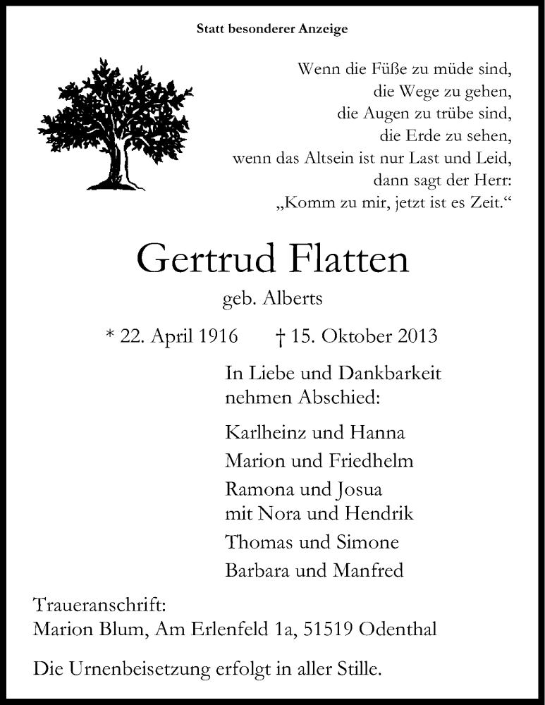  Traueranzeige für Gertrud Flatten vom 19.10.2013 aus Kölner Stadt-Anzeiger / Kölnische Rundschau / Express