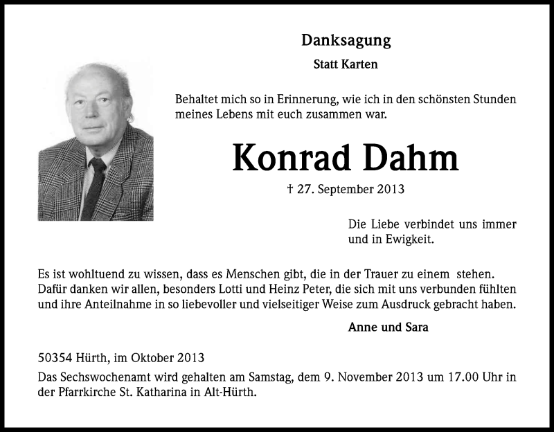  Traueranzeige für Konrad Dahm vom 23.10.2013 aus Kölner Stadt-Anzeiger / Kölnische Rundschau / Express
