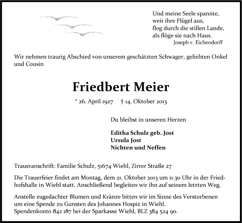  Traueranzeige für Friedbert Meier vom 17.10.2013 aus Kölner Stadt-Anzeiger / Kölnische Rundschau / Express