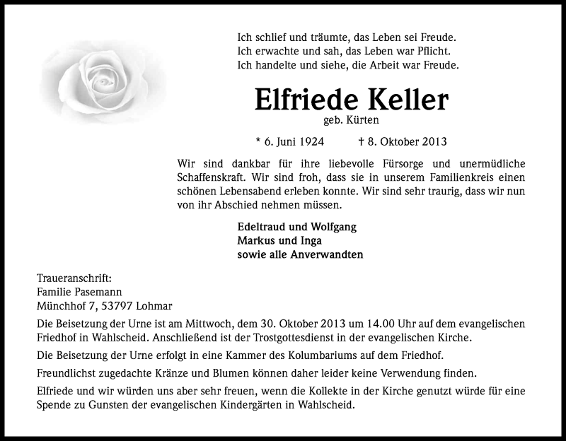  Traueranzeige für Elfriede Keller vom 19.10.2013 aus Kölner Stadt-Anzeiger / Kölnische Rundschau / Express