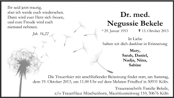Anzeige von Negussie Bekele von Kölner Stadt-Anzeiger / Kölnische Rundschau / Express