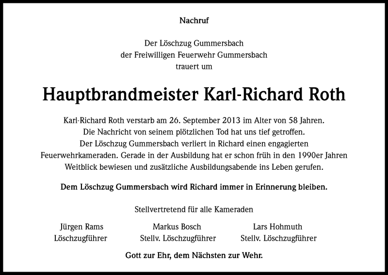  Traueranzeige für Karl-Richard Roth vom 19.10.2013 aus Kölner Stadt-Anzeiger / Kölnische Rundschau / Express