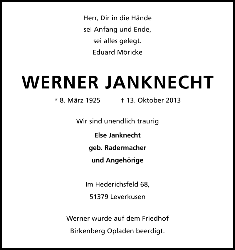  Traueranzeige für Werner Janknecht vom 19.10.2013 aus Kölner Stadt-Anzeiger / Kölnische Rundschau / Express
