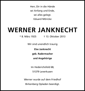 Anzeige von Werner Janknecht von Kölner Stadt-Anzeiger / Kölnische Rundschau / Express