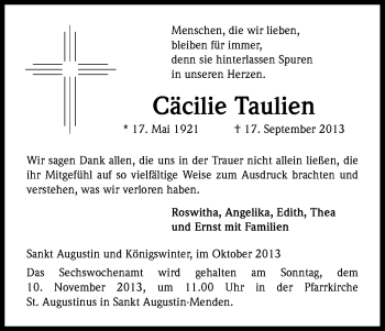 Anzeige von Cäcilie Taulien von Kölner Stadt-Anzeiger / Kölnische Rundschau / Express