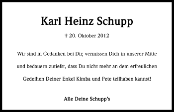 Anzeige von Karl Heinz Schupp von Kölner Stadt-Anzeiger / Kölnische Rundschau / Express