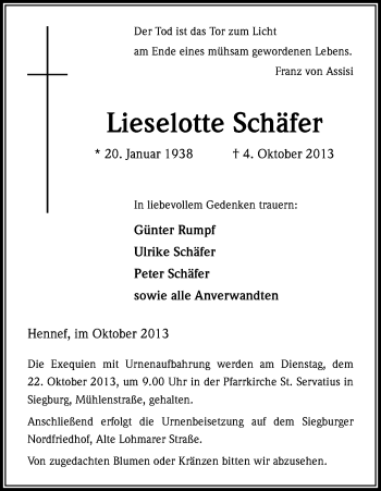 Anzeige von Lieselotte Schäfer von Kölner Stadt-Anzeiger / Kölnische Rundschau / Express