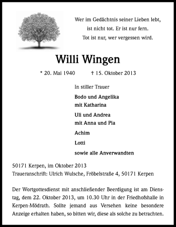 Anzeige von Willi Wingen von Kölner Stadt-Anzeiger / Kölnische Rundschau / Express