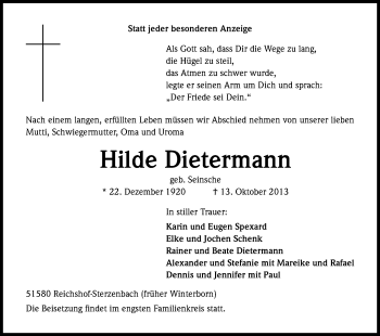 Anzeige von Hilde Dietermann von Kölner Stadt-Anzeiger / Kölnische Rundschau / Express