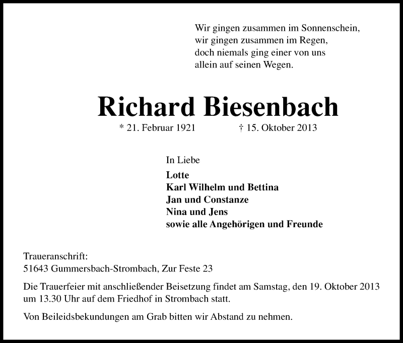  Traueranzeige für Richard Biesenbach vom 17.10.2013 aus Kölner Stadt-Anzeiger / Kölnische Rundschau / Express