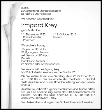 Anzeige von Krey Irmgard von Kölner Stadt-Anzeiger / Kölnische Rundschau / Express