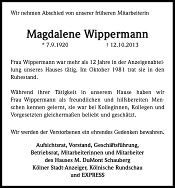 Anzeige von Magdalene Wippermann von Kölner Stadt-Anzeiger / Kölnische Rundschau / Express