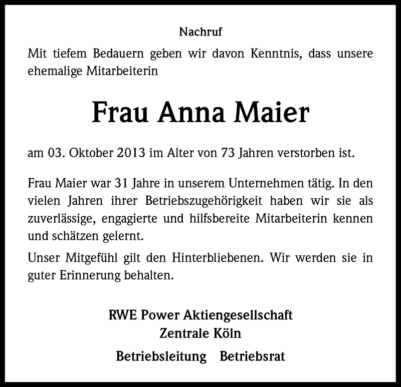  Traueranzeige für Anna Maier vom 18.10.2013 aus Kölner Stadt-Anzeiger / Kölnische Rundschau / Express