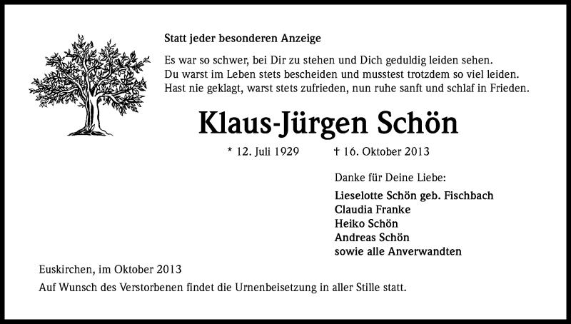  Traueranzeige für Klaus-Jürgen Schön vom 19.10.2013 aus Kölner Stadt-Anzeiger / Kölnische Rundschau / Express
