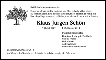Anzeige von Klaus-Jürgen Schön von Kölner Stadt-Anzeiger / Kölnische Rundschau / Express