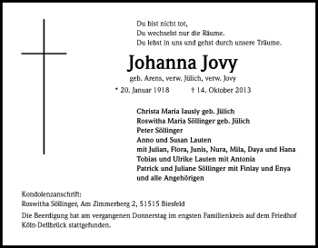 Anzeige von Johanna Jovy von Kölner Stadt-Anzeiger / Kölnische Rundschau / Express