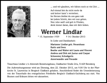Anzeige von Werner Lindlar von Kölner Stadt-Anzeiger / Kölnische Rundschau / Express