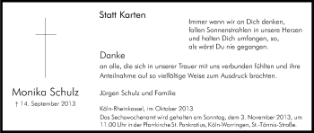 Anzeige von Monika Schulz von Kölner Stadt-Anzeiger / Kölnische Rundschau / Express