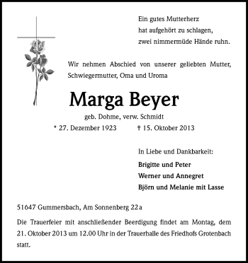 Anzeige von Marga Beyer von Kölner Stadt-Anzeiger / Kölnische Rundschau / Express