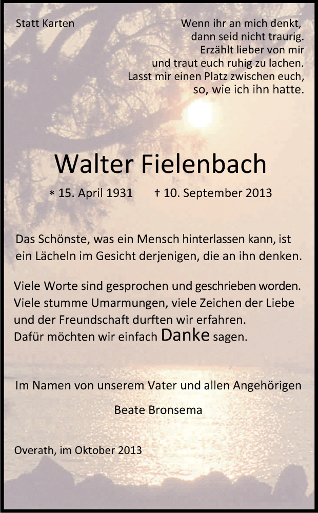  Traueranzeige für Walter Fielenbach vom 19.10.2013 aus Kölner Stadt-Anzeiger / Kölnische Rundschau / Express