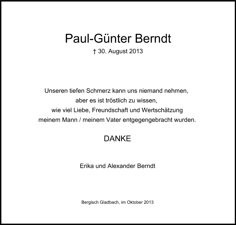  Traueranzeige für Paul-Günter Berndt vom 19.10.2013 aus Kölner Stadt-Anzeiger / Kölnische Rundschau / Express