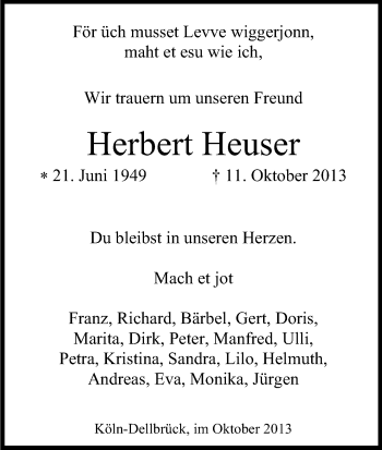 Anzeige von Herbert Häuser von Kölner Stadt-Anzeiger / Kölnische Rundschau / Express