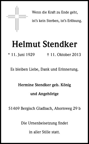 Anzeige von Helmut Stendker von Kölner Stadt-Anzeiger / Kölnische Rundschau / Express