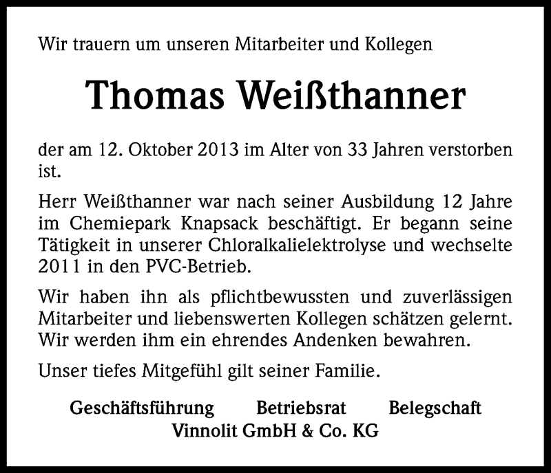  Traueranzeige für Thomas Weißthanner vom 19.10.2013 aus Kölner Stadt-Anzeiger / Kölnische Rundschau / Express
