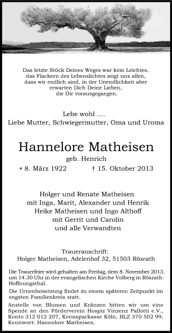 Anzeige von Hannelore Matheisen von Kölner Stadt-Anzeiger / Kölnische Rundschau / Express