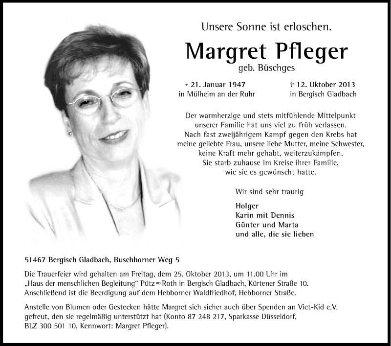  Traueranzeige für Margret Pfleger vom 19.10.2013 aus Kölner Stadt-Anzeiger / Kölnische Rundschau / Express