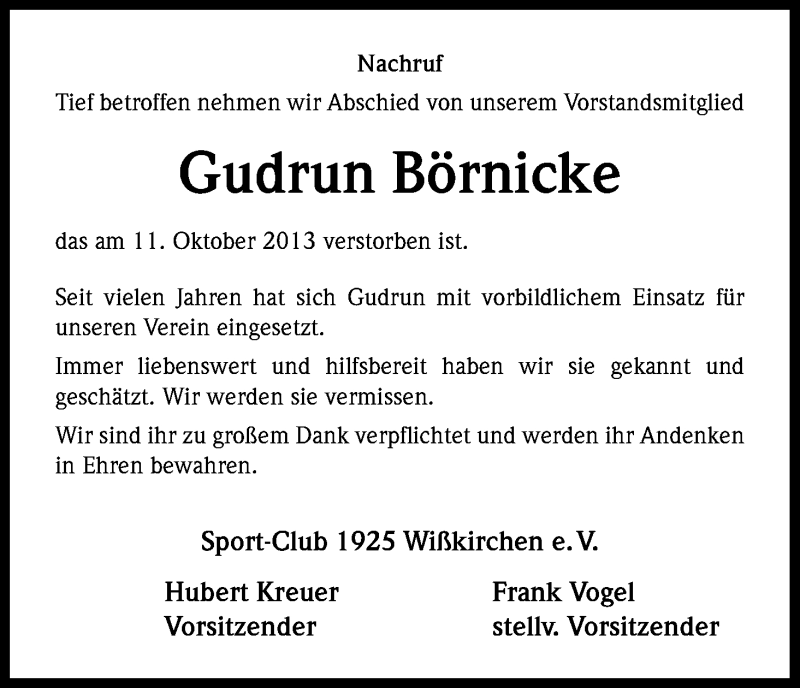  Traueranzeige für Gudrun Börnicke vom 19.10.2013 aus Kölner Stadt-Anzeiger / Kölnische Rundschau / Express