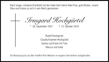Anzeige von Irmgard Hochgürtel von Kölner Stadt-Anzeiger / Kölnische Rundschau / Express