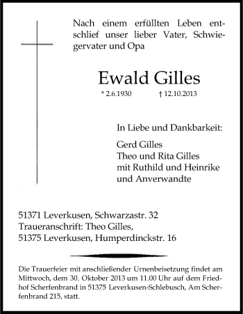 Anzeige von Ewald Gilles von Kölner Stadt-Anzeiger / Kölnische Rundschau / Express