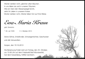 Anzeige von Eva-Maria Kraus von Kölner Stadt-Anzeiger / Kölnische Rundschau / Express