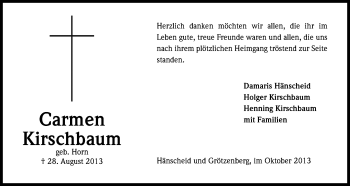 Anzeige von Carmen Kirschbaum von Kölner Stadt-Anzeiger / Kölnische Rundschau / Express