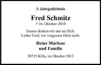 Anzeige von Fred Schmitz von Kölner Stadt-Anzeiger / Kölnische Rundschau / Express