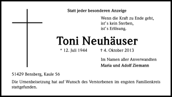 Anzeige von Toni Neuhäuser von Kölner Stadt-Anzeiger / Kölnische Rundschau / Express