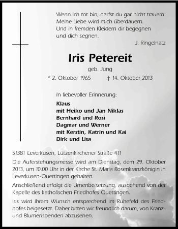 Anzeige von Iris Petereit von Kölner Stadt-Anzeiger / Kölnische Rundschau / Express